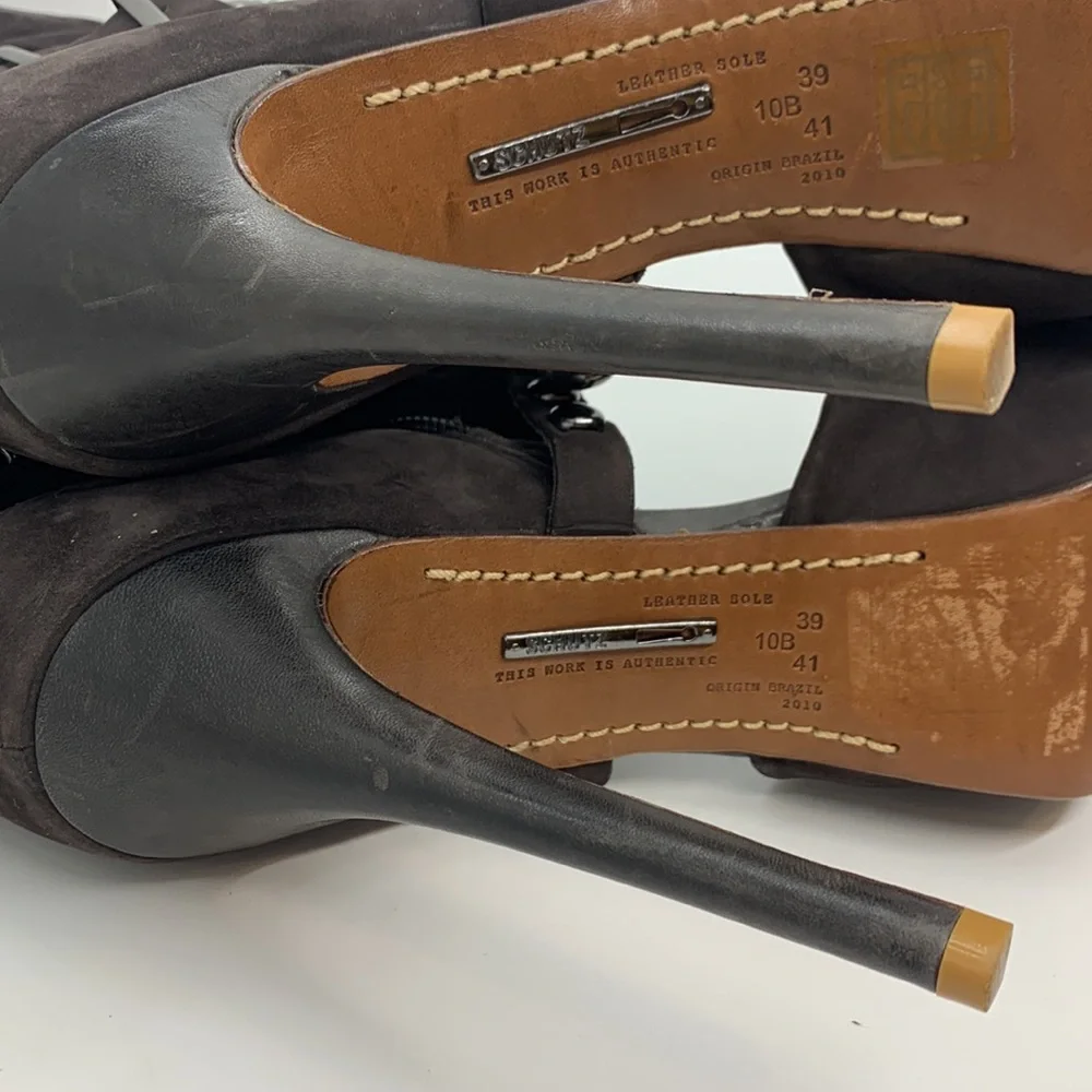 Schutz *Flawed Open Peep Toe Platform Heels Brown 10B Buckle Stud Pearl Accents